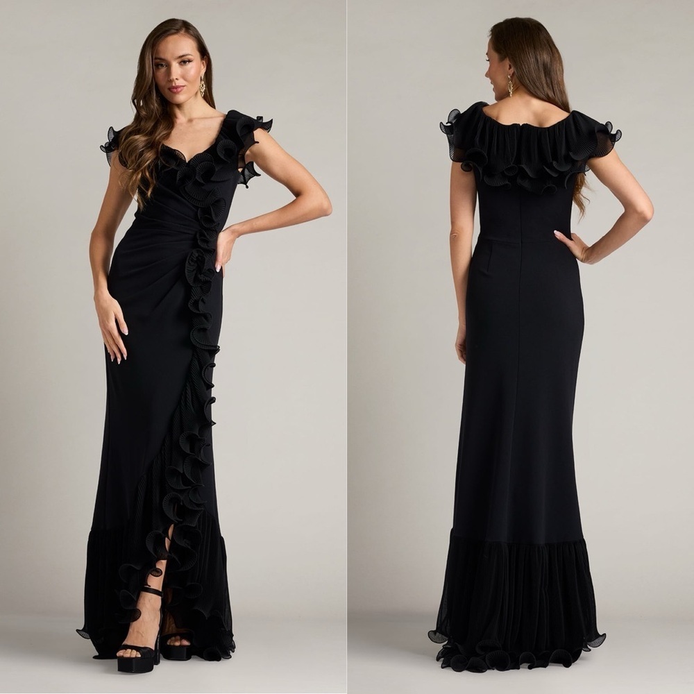 TADASHI SHOJI NEW Leandra Cascading Ruffle Black Gown S